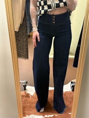 High-Rise Dark Indigo Wide-Leg Jeans with Triple Button Waist
